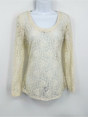 Vintage Y2K Eyeshadow Cream Lace Long Sleeve Shirt Size Juniors Large Boho Fairy